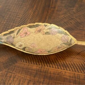 Solid Brass and Enamel Leaf-Shaped Trinket Dish. Handmade in India. Vintage